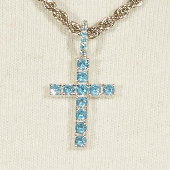 Iced Mini Cross Pendant - Blue Topaz - Cernucci
