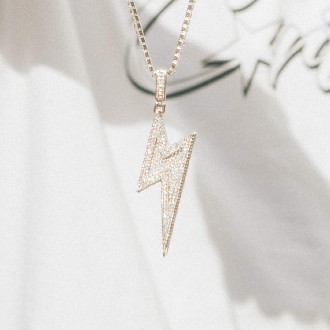 Iced Retro Lightning Bolt Pendant - White Gold - Cernucci